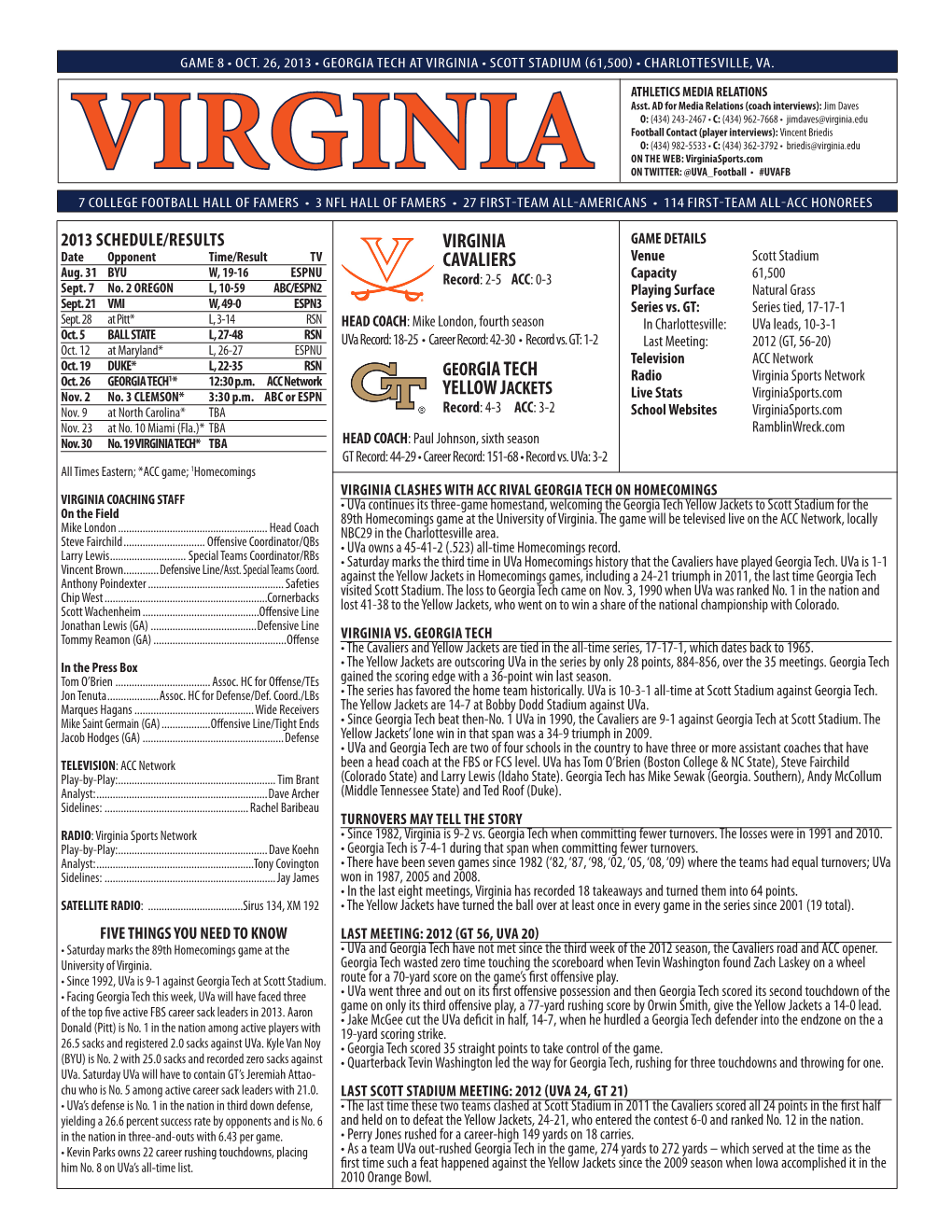 Virginia Cavaliers Georgia Tech Yellow Jackets