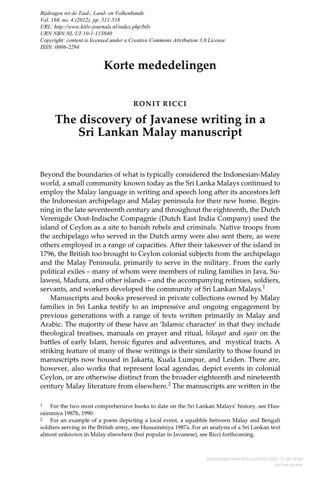 Korte Mededelingen the Discovery of Javanese Writing in a Sri