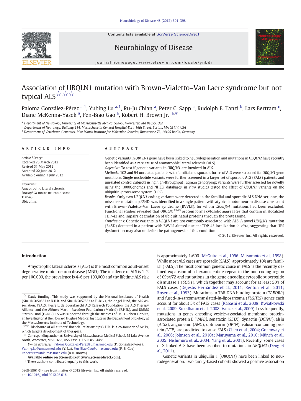 Association of UBQLN1 Mutation with Brown–Vialetto–Van Laere Syndrome but Not Typical ALS☆,☆☆