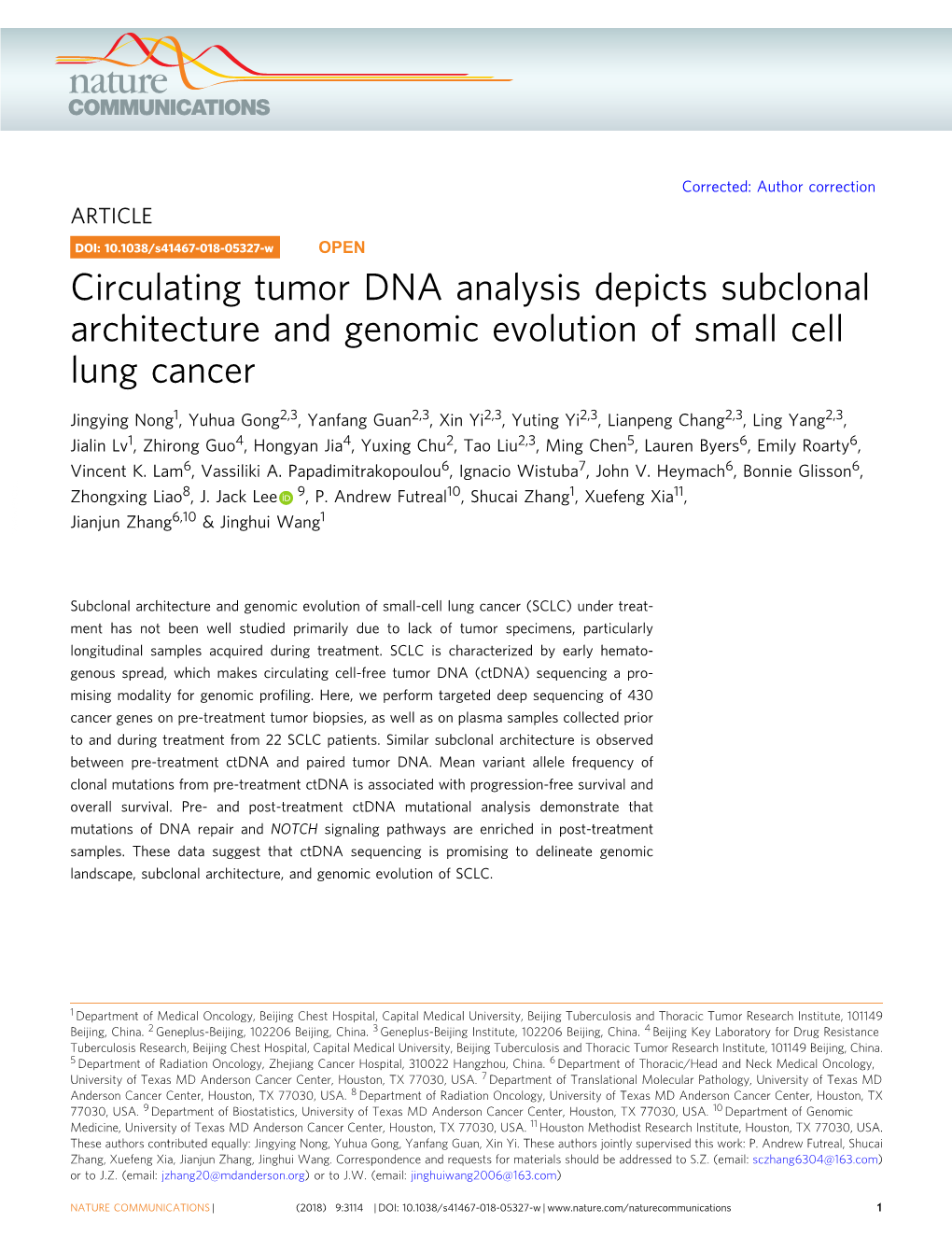 Circulating Tumor DNA Analysis Depicts Subclonal Architecture and Genomic Evolution of Small Cell Lung Cancer