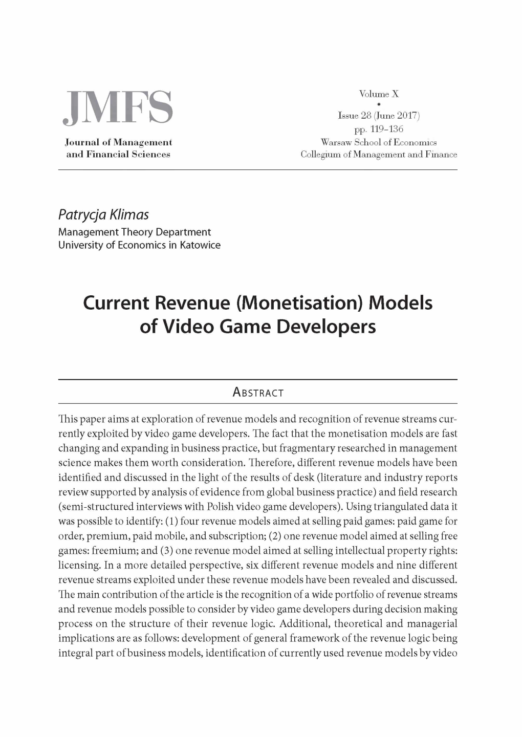 Current Revenue (Monetisation) Models of Video Gamę Developers