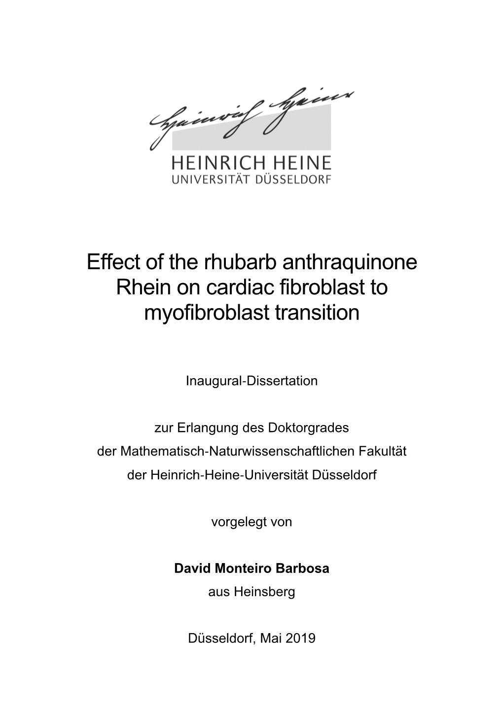 Effect of the Rhubarb Anthraquinone Rhein on Cardiac Fibroblast to Myofibroblast Transition