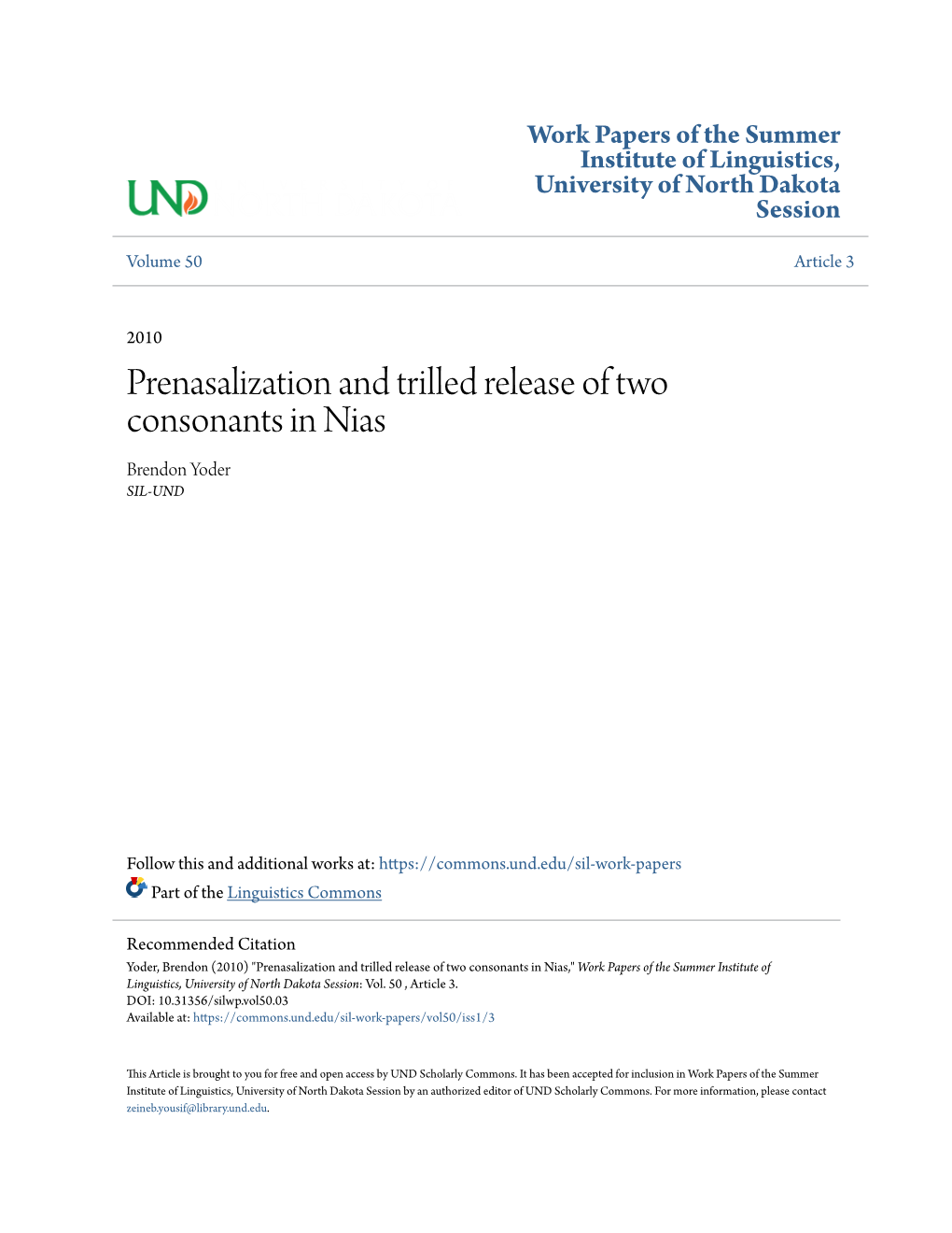 Prenasalization and Trilled Release of Two Consonants in Nias Brendon Yoder SIL-UND