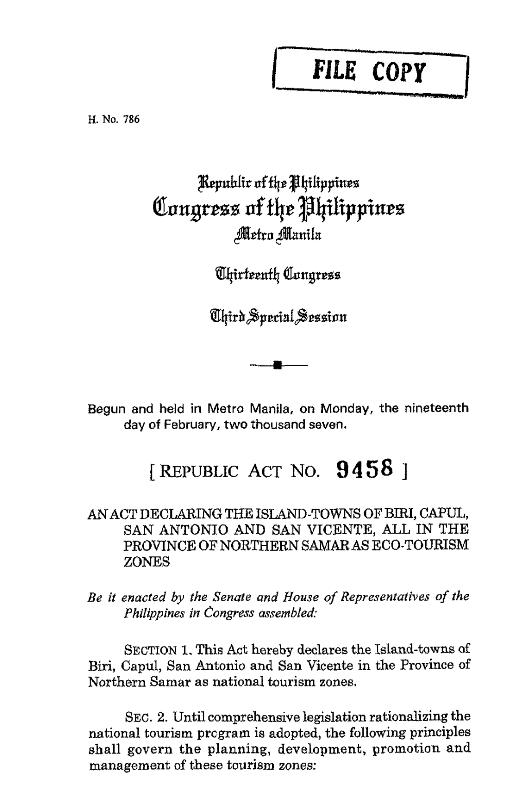 [ REPUBLIC ACT No. 9 4 58 I