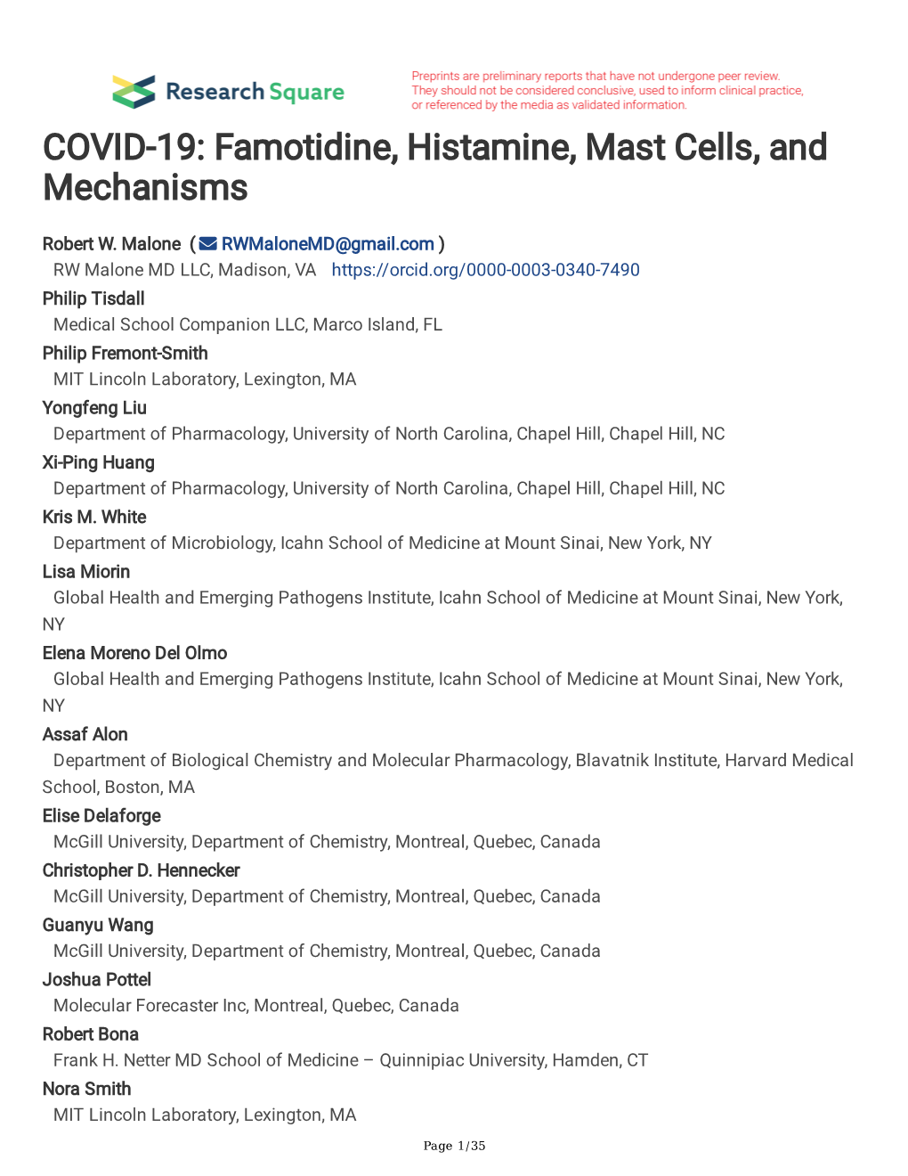 COVID-19: Famotidine, Histamine, Mast Cells, and Mechanisms