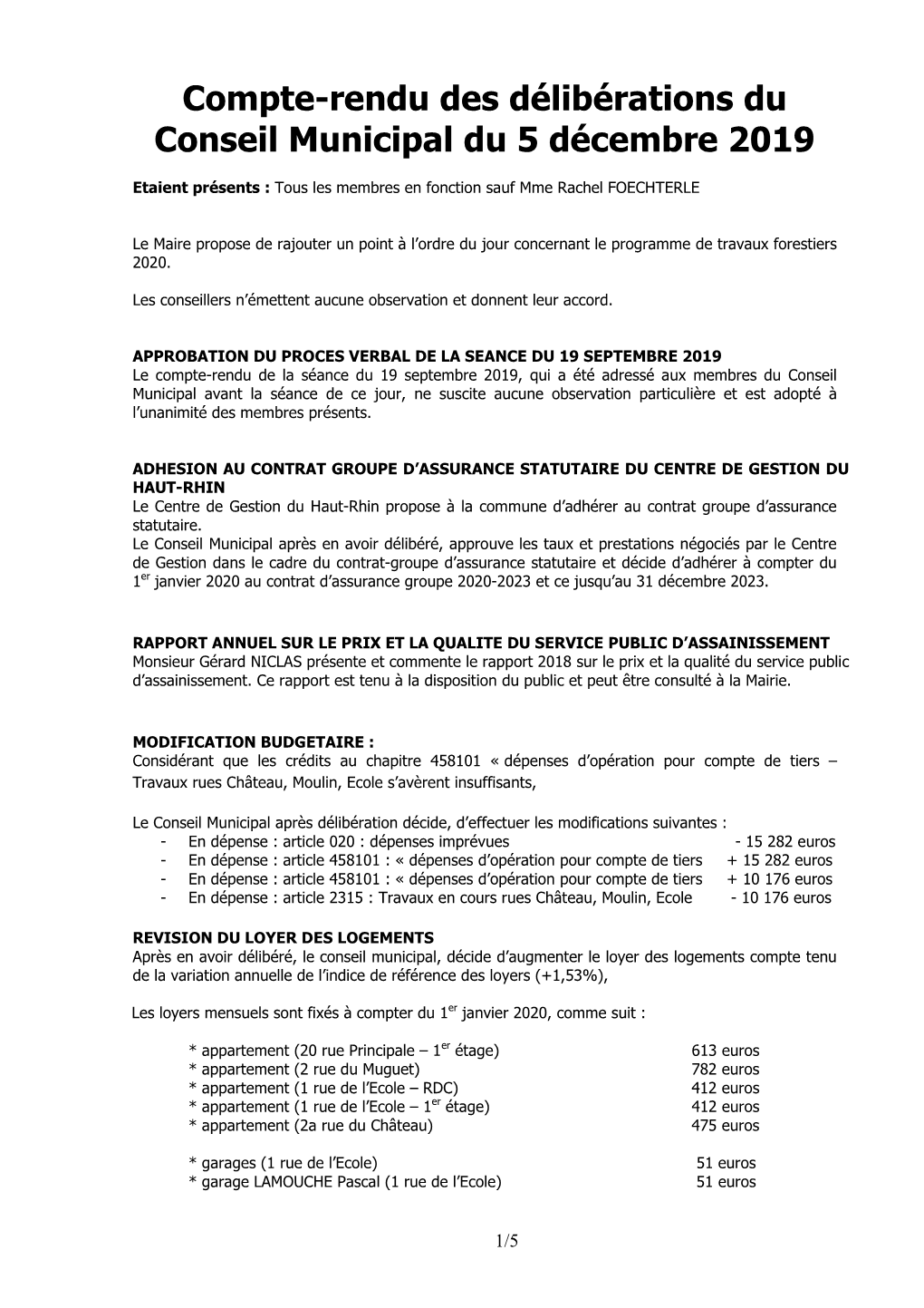 Compte-Rendu Des Délibérations Du Conseil Municipal Du 5 Décembre 2019