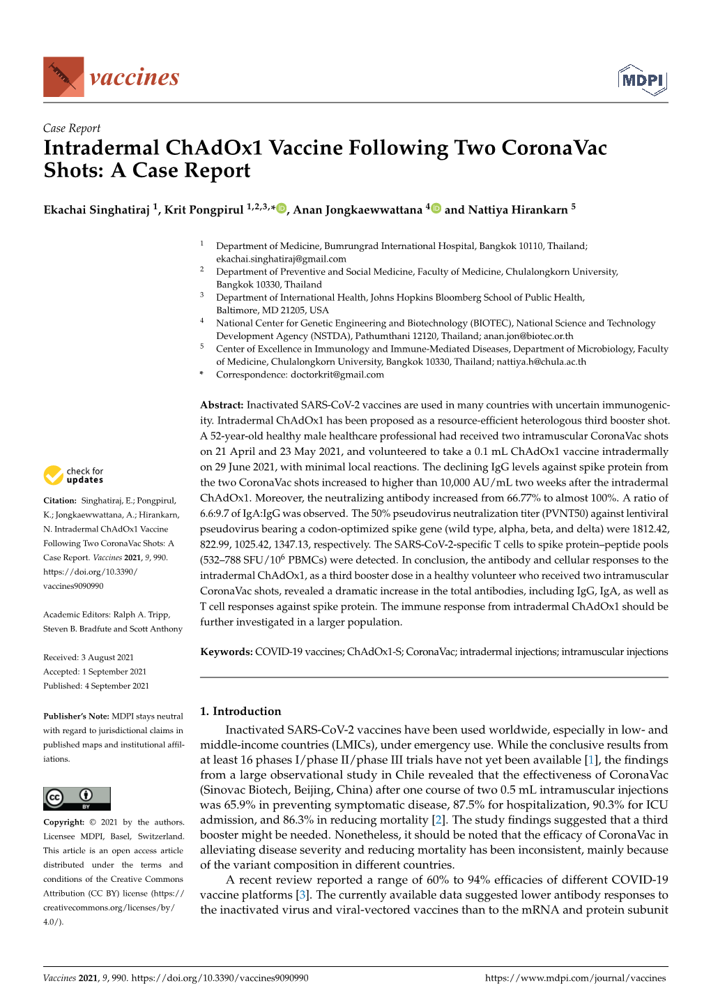 Intradermal Chadox1 Vaccine Following Two Coronavac Shots: a Case Report