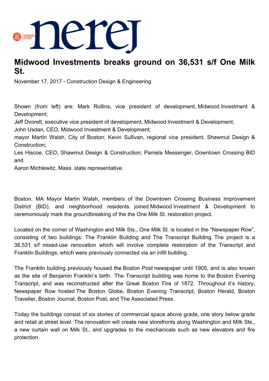 Midwood Investments Breaks Ground on 36,531 S/F One Milk St