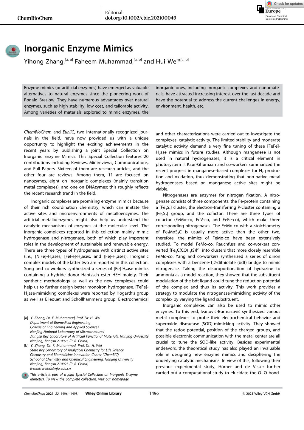 Inorganic Enzyme Mimics Yihong Zhang,[A, B] Faheem Muhammad,[A, B] and Hui Wei*[A, B]