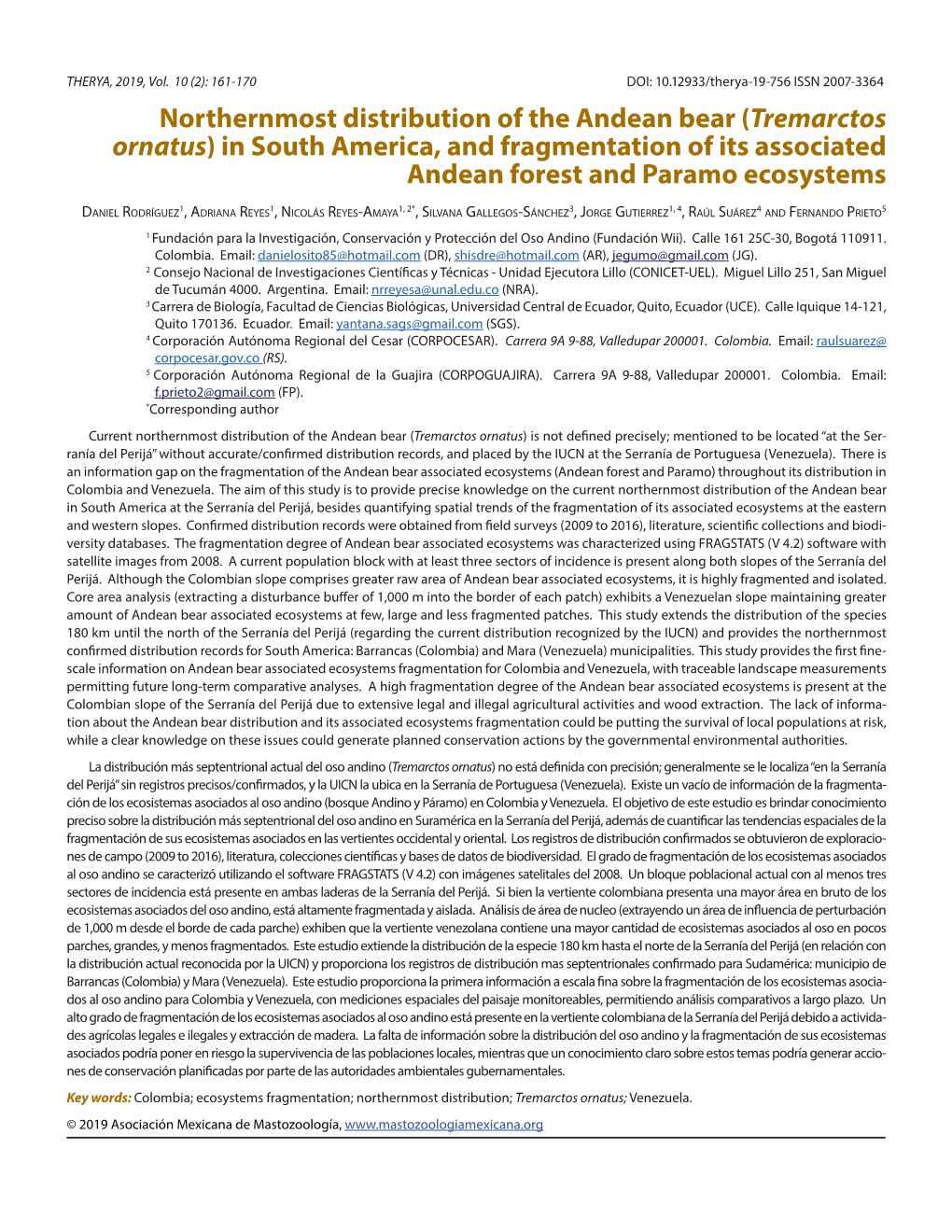 Northernmost Distribution of the Andean Bear (Tremarctos Ornatus) in South America, and Fragmentation of Its Associated Andean Forest and Paramo Ecosystems