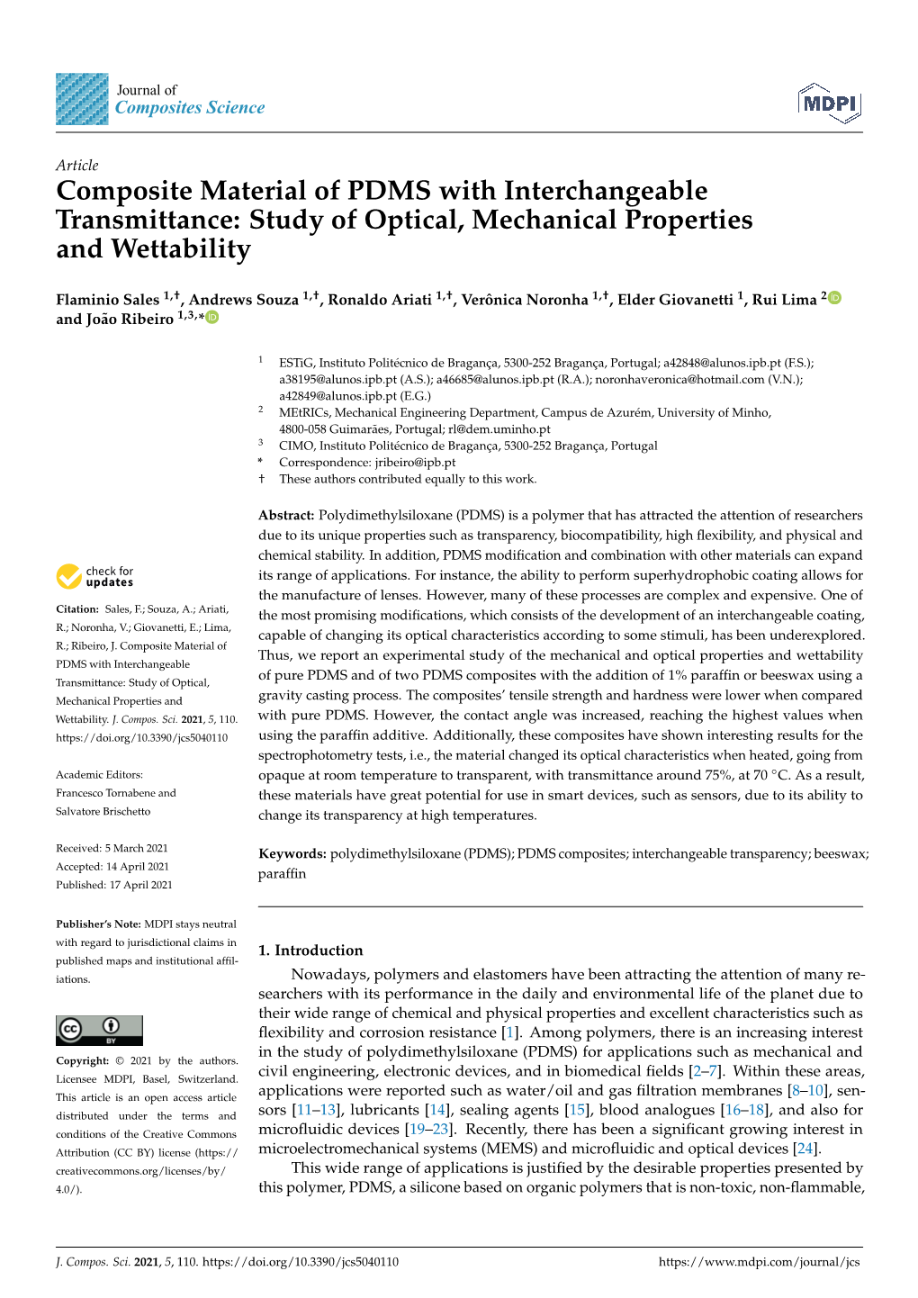 Composite Material of PDMS with Interchangeable Transmittance: Study of Optical, Mechanical Properties and Wettability