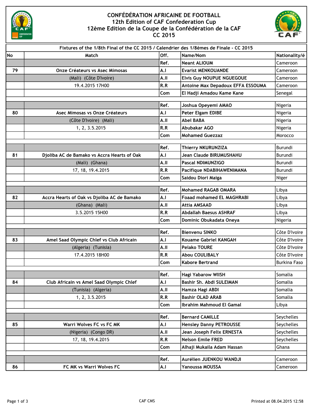 CONFÉDÉRATION AFRICAINE DE FOOTBALL 12Th Edition of CAF Confederation Cup 12Ème Edition De La Coupe De La Confédération De La CAF CC 2015