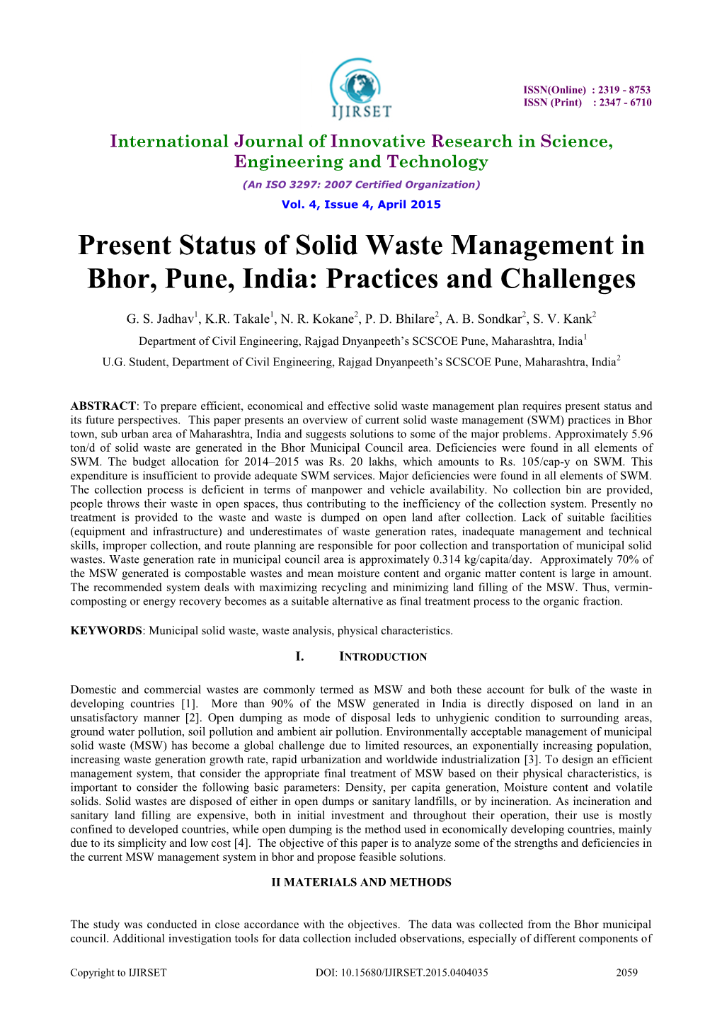 Present Status of Solid Waste Management in Bhor, Pune, India: Practices and Challenges