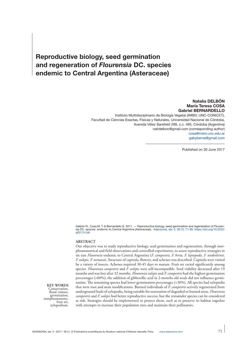 Reproductive Biology, Seed Germination and Regeneration of Flourensia DC