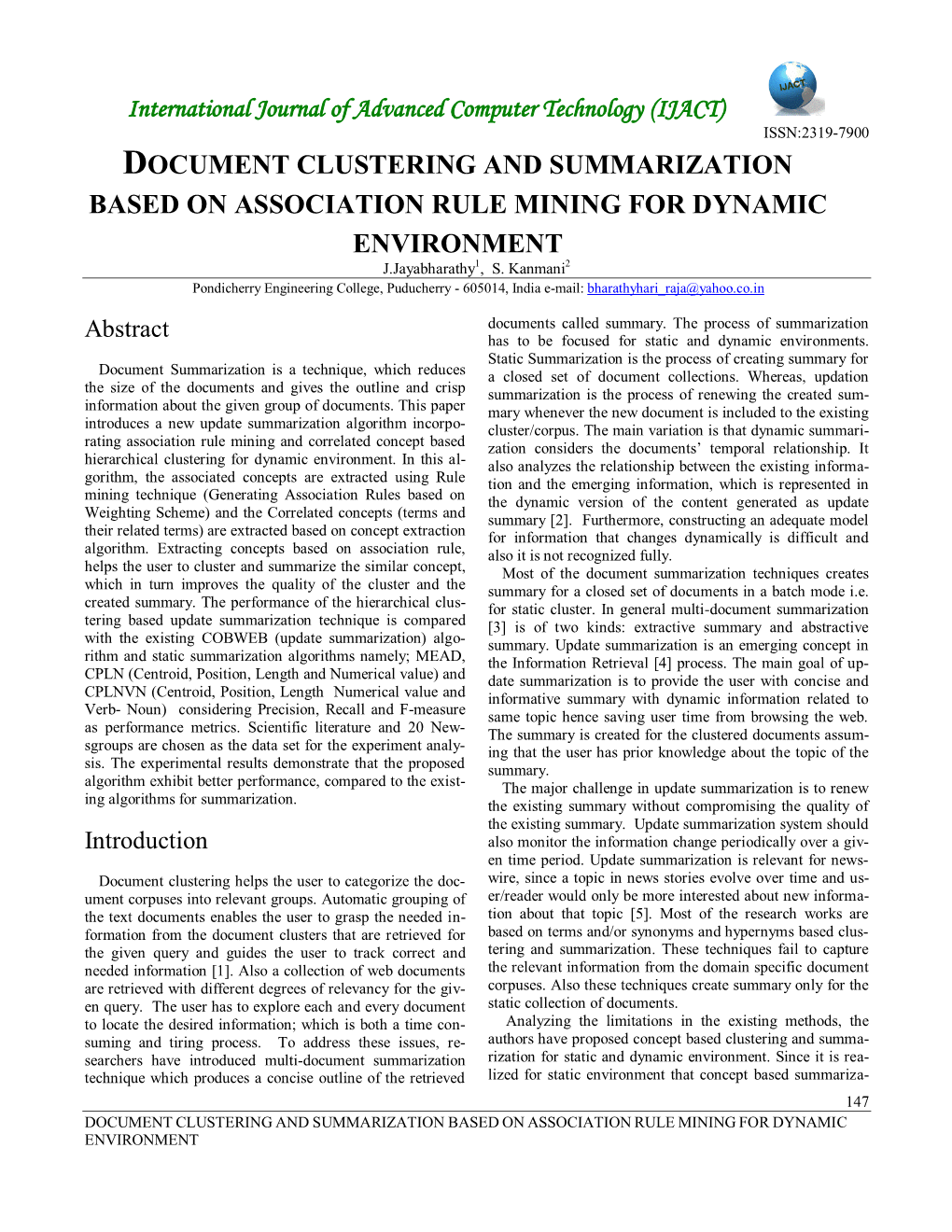 DOCUMENT CLUSTERING and SUMMARIZATION BASED on ASSOCIATION RULE MINING for DYNAMIC ENVIRONMENT J.Jayabharathy1, S