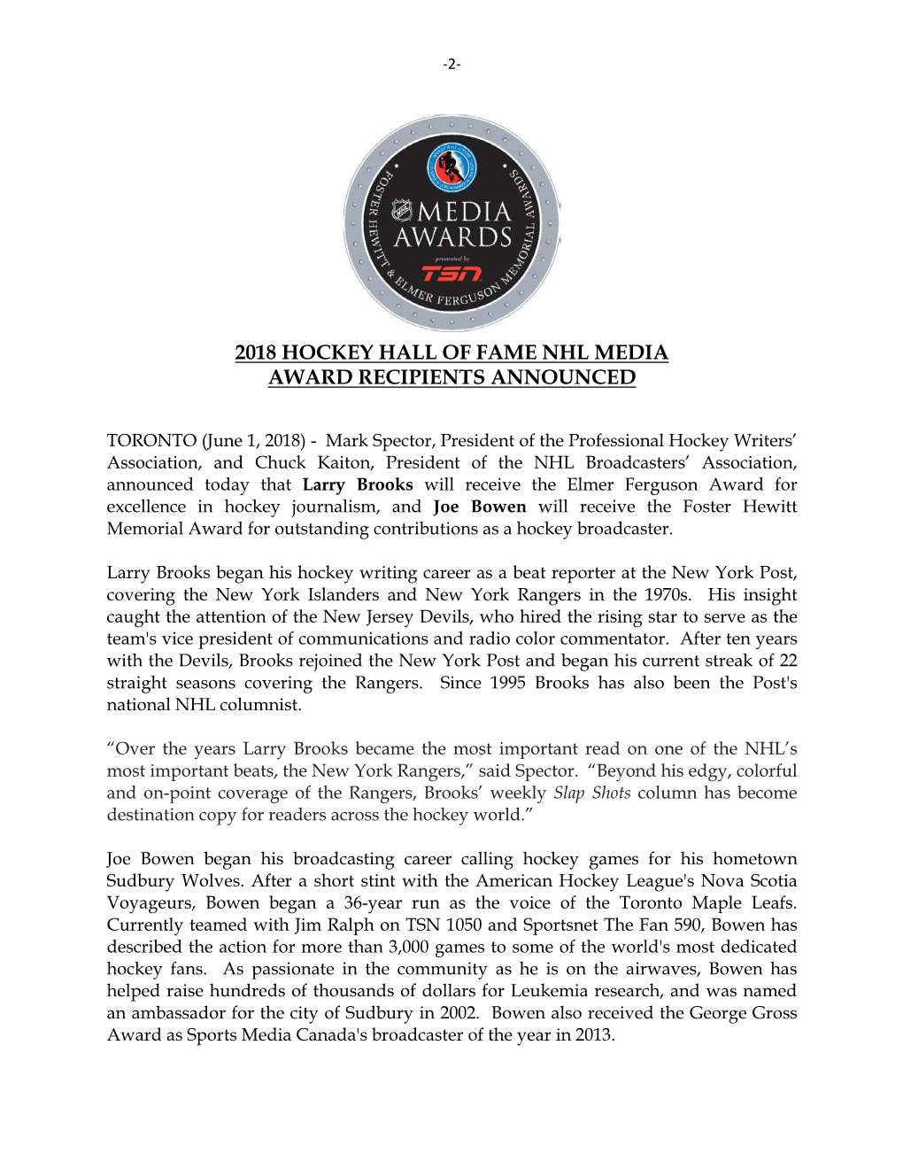 2018 Hockey Hall of Fame Nhl Media Award Recipients Announced
