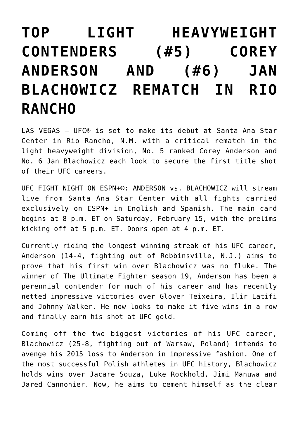 Corey Anderson and (#6) Jan Blachowicz Rematch in Rio Rancho