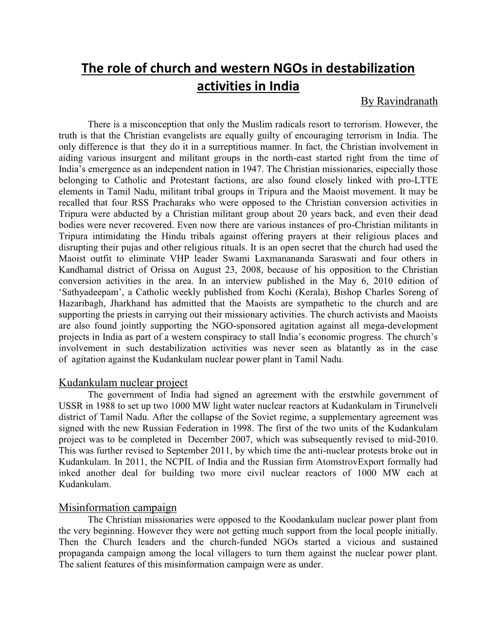 The Role of Church and Western Ngos in Destabilization Activities in India by Ravindranath