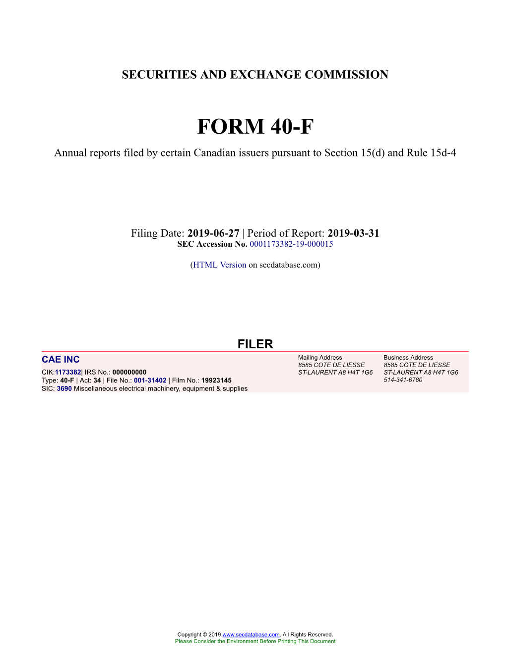 CAE INC Form 40-F Filed 2019-06-27