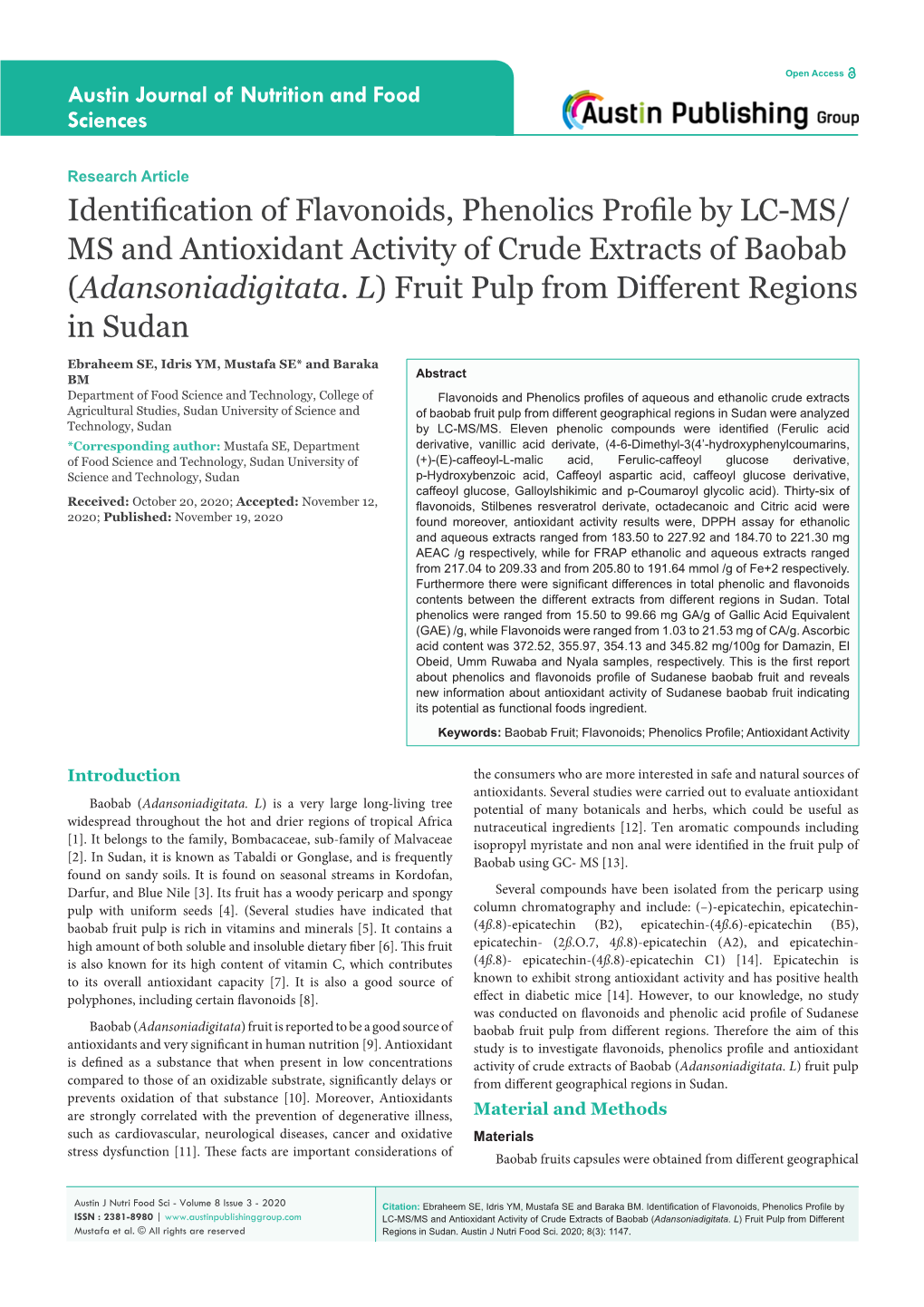 Identification of Flavonoids, Phenolics Profile by LC-MS/ MS and Antioxidant Activity of Crude Extracts of Baobab (Adansoniadigitata