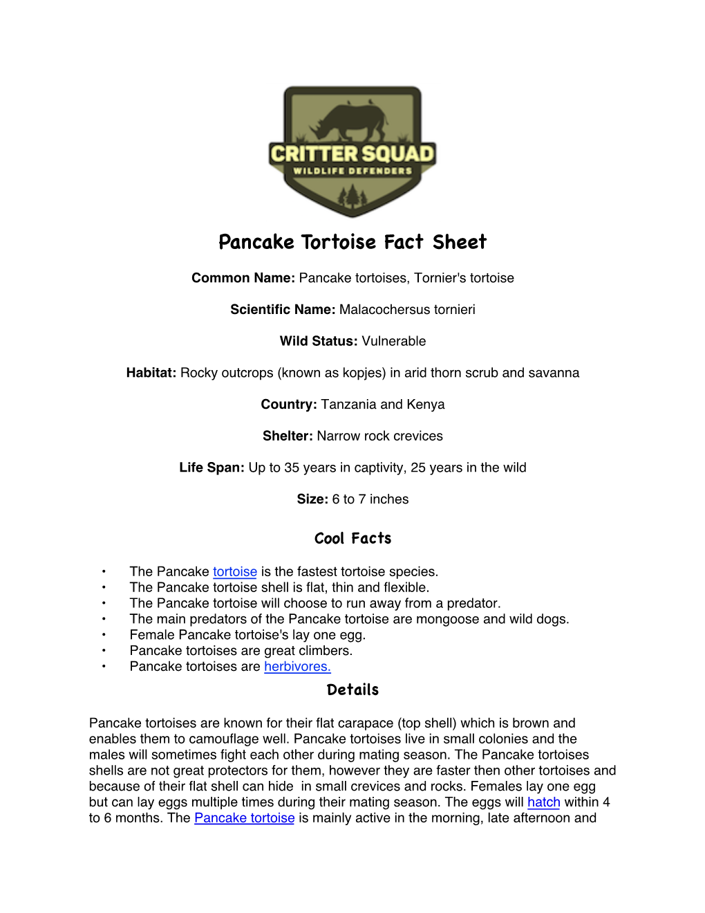 Pancake Tortoise Fact Sheet