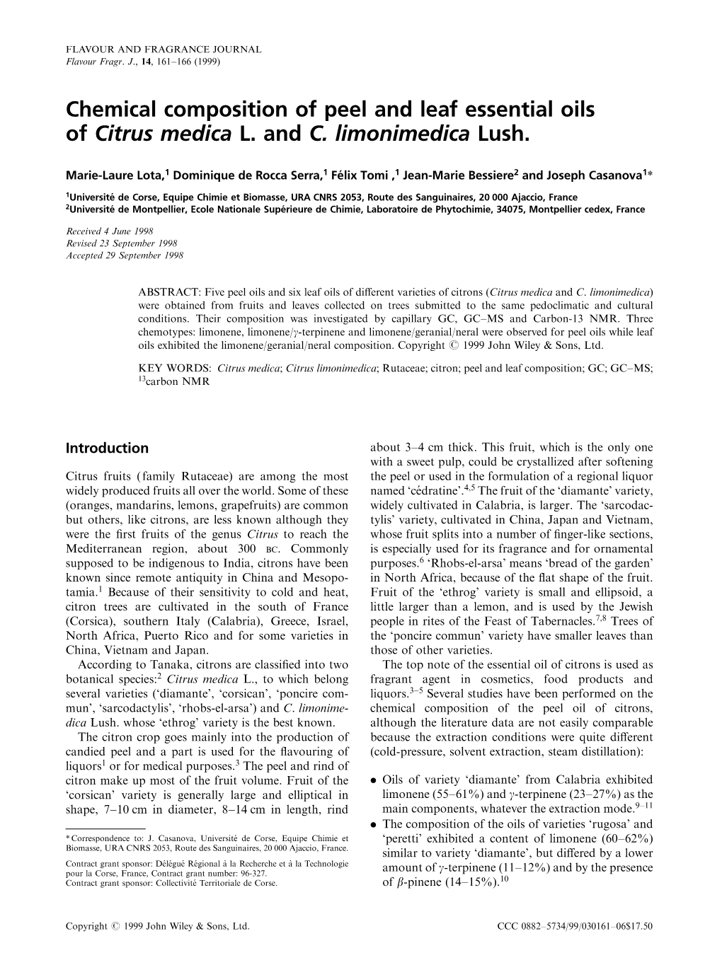 Chemical Composition of Peel and Leaf Essential Oils of Citrus Medica L