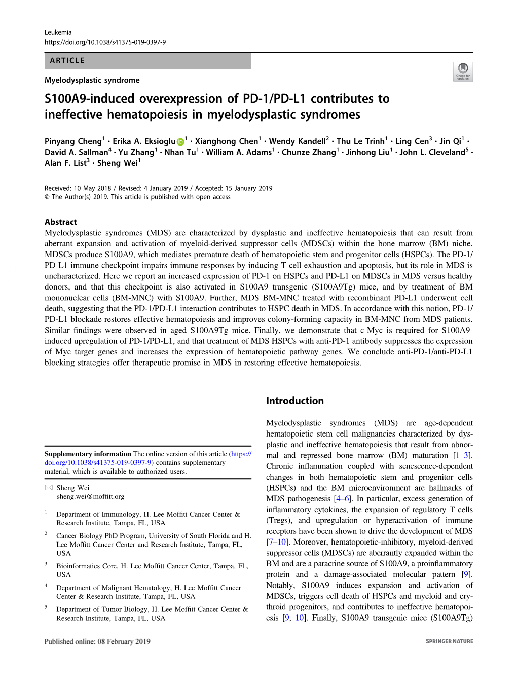 S100A9-Induced Overexpression of PD-1/PD-L1 Contributes to Ineffective Hematopoiesis in Myelodysplastic Syndromes