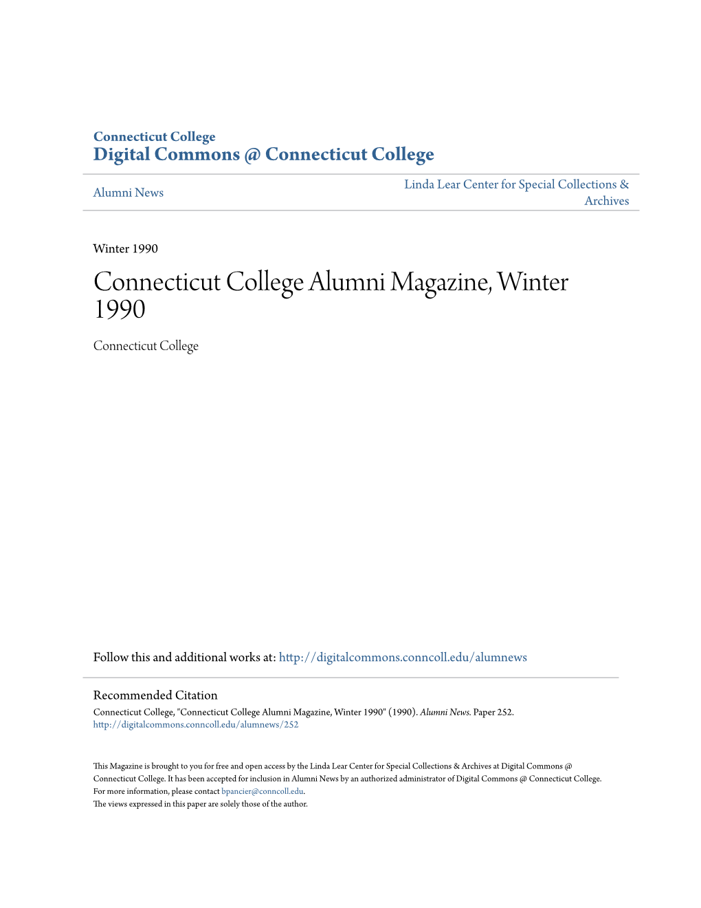 Connecticut College Alumni Magazine, Winter 1990 Connecticut College
