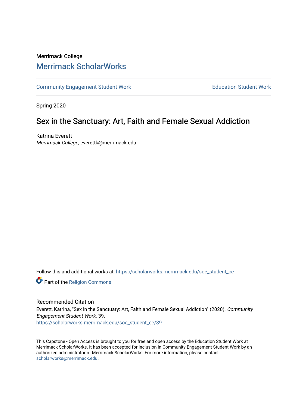 Sex in the Sanctuary: Art, Faith and Female Sexual Addiction