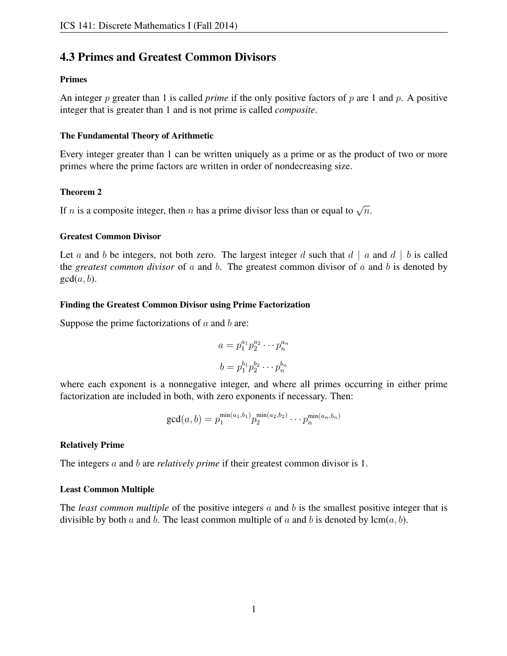 4.3 Primes and Greatest Common Divisors