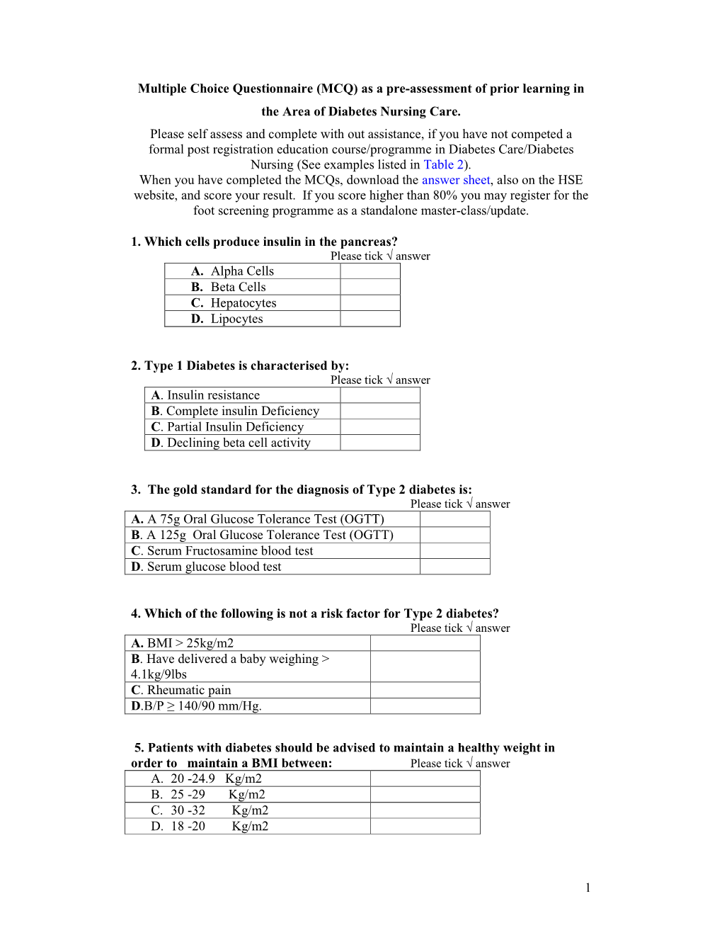 Pre-Assessment: Diabetes Nursing Care