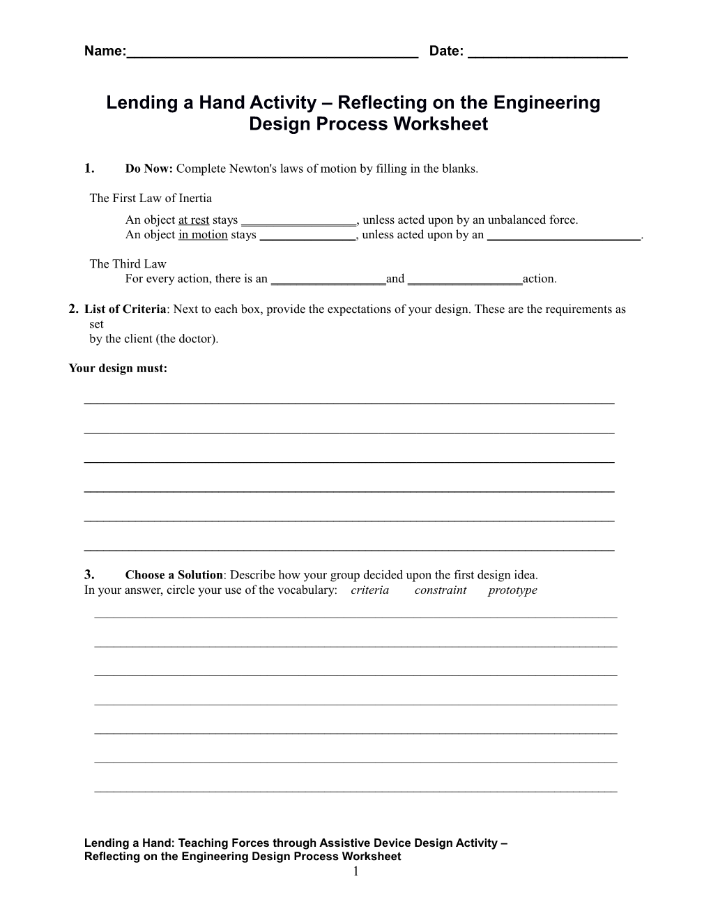 Lending a Hand Activity Reflecting on the Engineering Design Process Worksheet