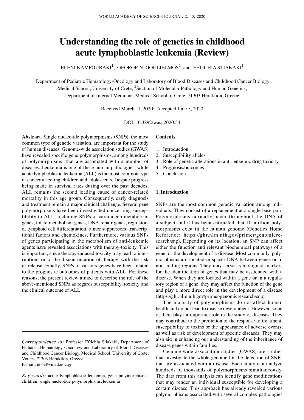 Understanding the Role of Genetics in Childhood Acute Lymphoblastic Leukemia (Review)