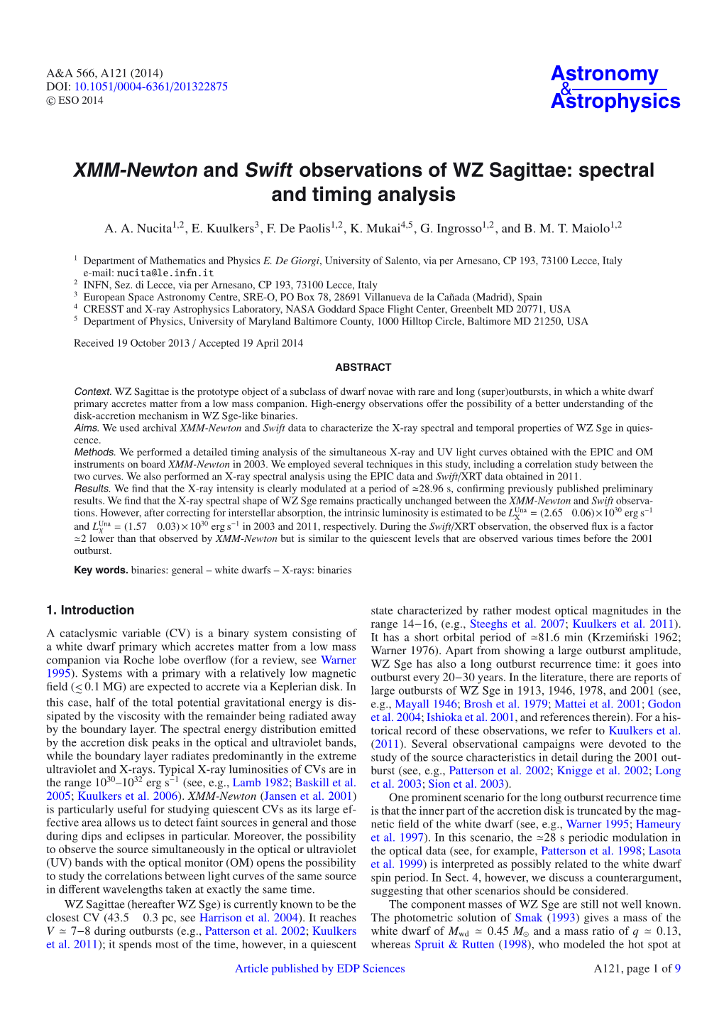 XMM-Newton and Swift Observations of WZ Sagittae: Spectral and Timing Analysis