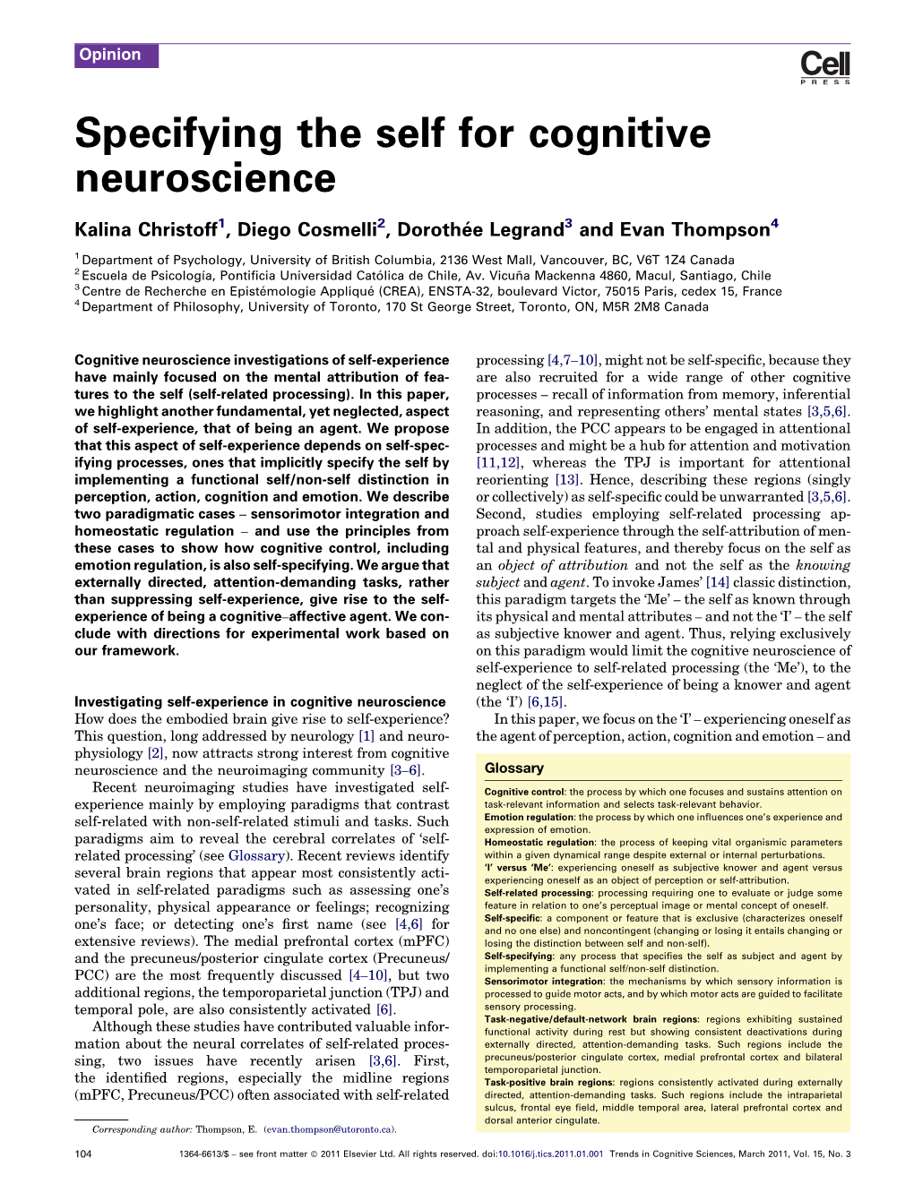 Specifying the Self for Cognitive Neuroscience