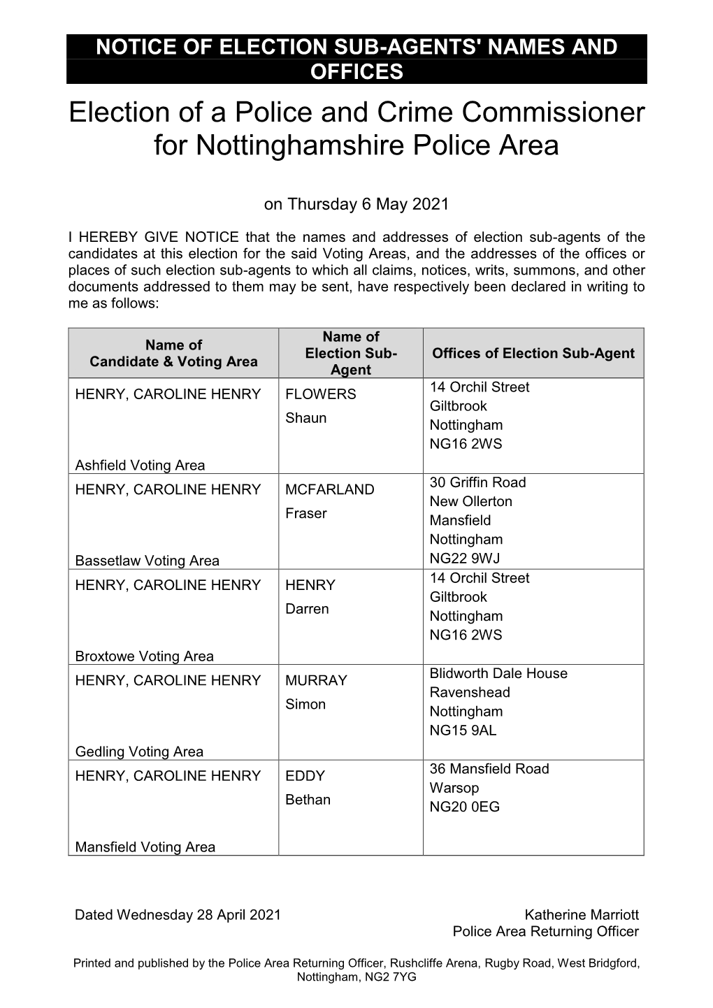 Election of a Police and Crime Commissioner for Nottinghamshire Police Area