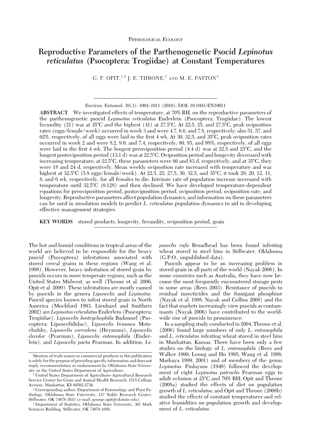 Reproductive Parameters of the Parthenogenetic Psocid Lepinotus Reticulatus (Psocoptera: Trogiidae) at Constant Temperatures