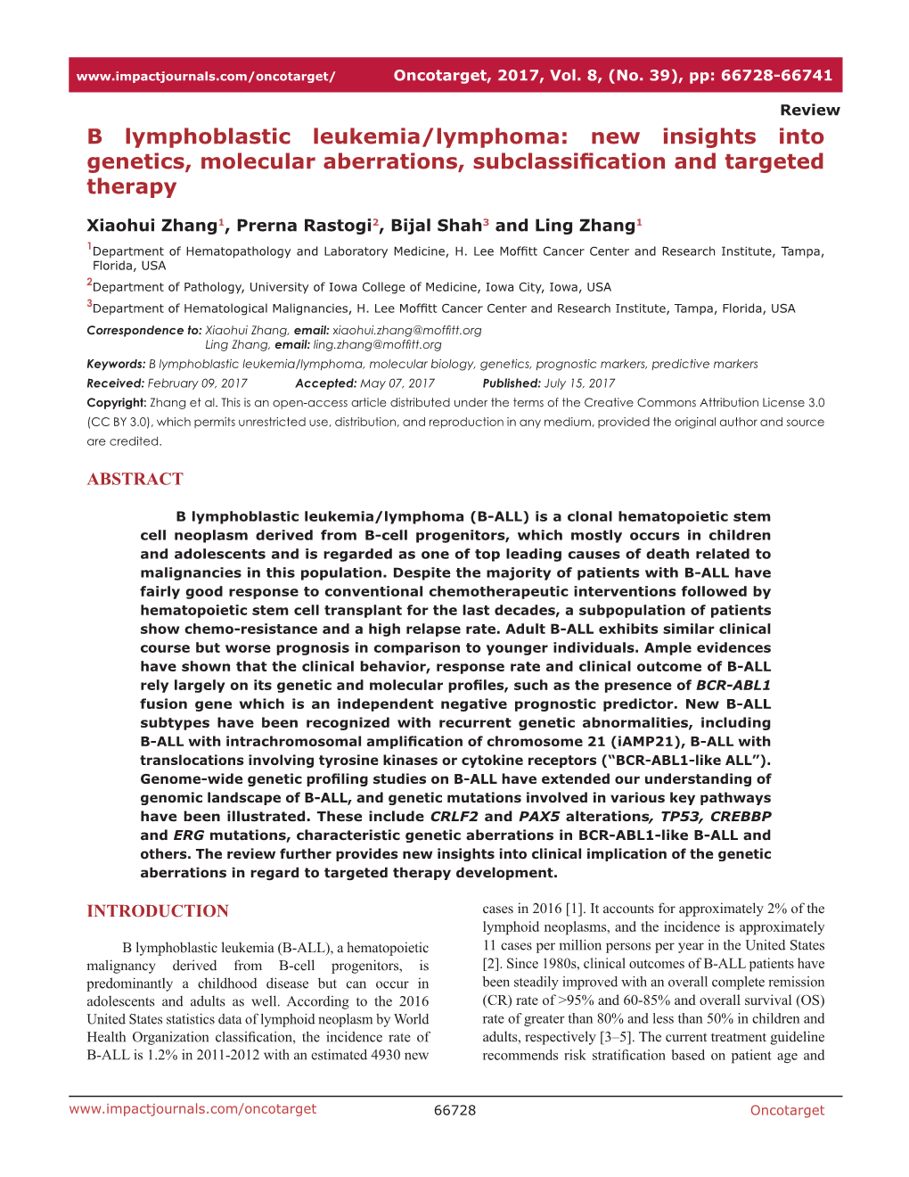 B Lymphoblastic Leukemia/Lymphoma: New Insights Into Genetics, Molecular Aberrations, Subclassification and Targeted Therapy