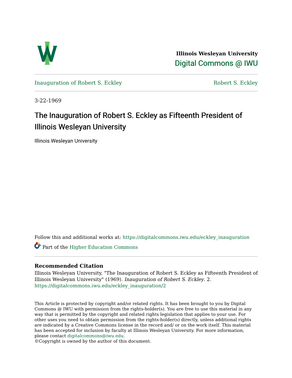 The Inauguration of Robert S. Eckley As Fifteenth President of Illinois Wesleyan University