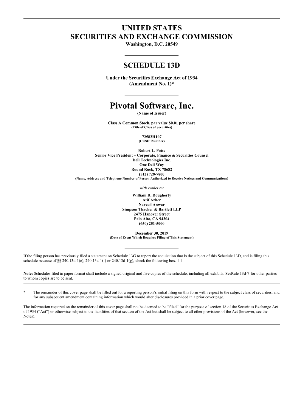 Pivotal Software, Inc. (Name of Issuer)