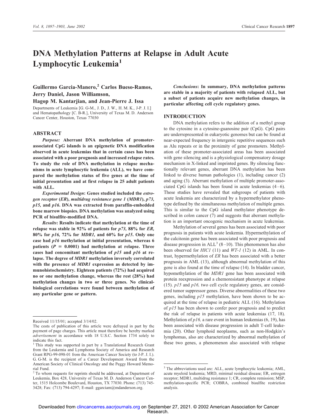 DNA Methylation Patterns at Relapse in Adult Acute Lymphocytic Leukemia1