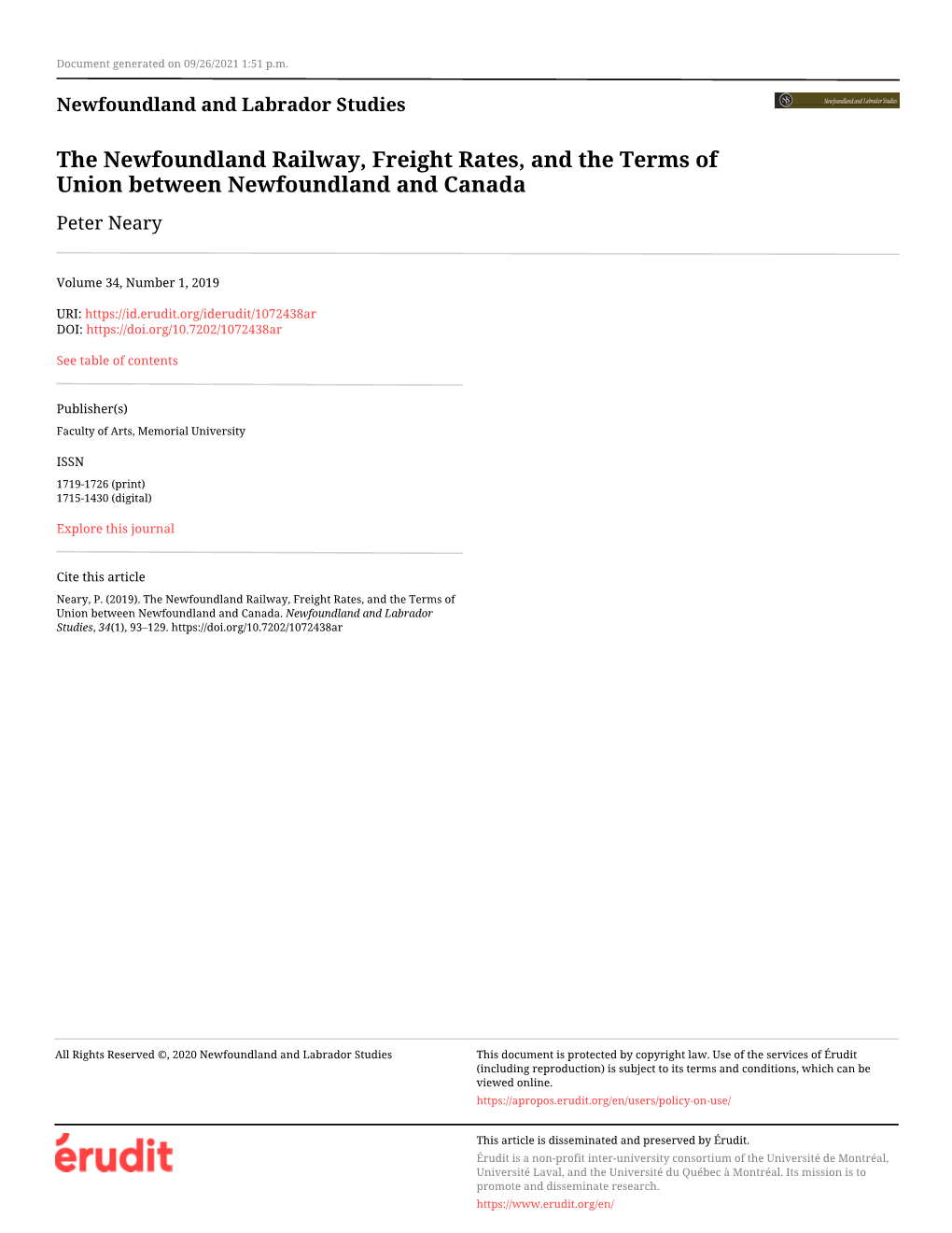 The Newfoundland Railway, Freight Rates, and the Terms of Union Between Newfoundland and Canada Peter Neary