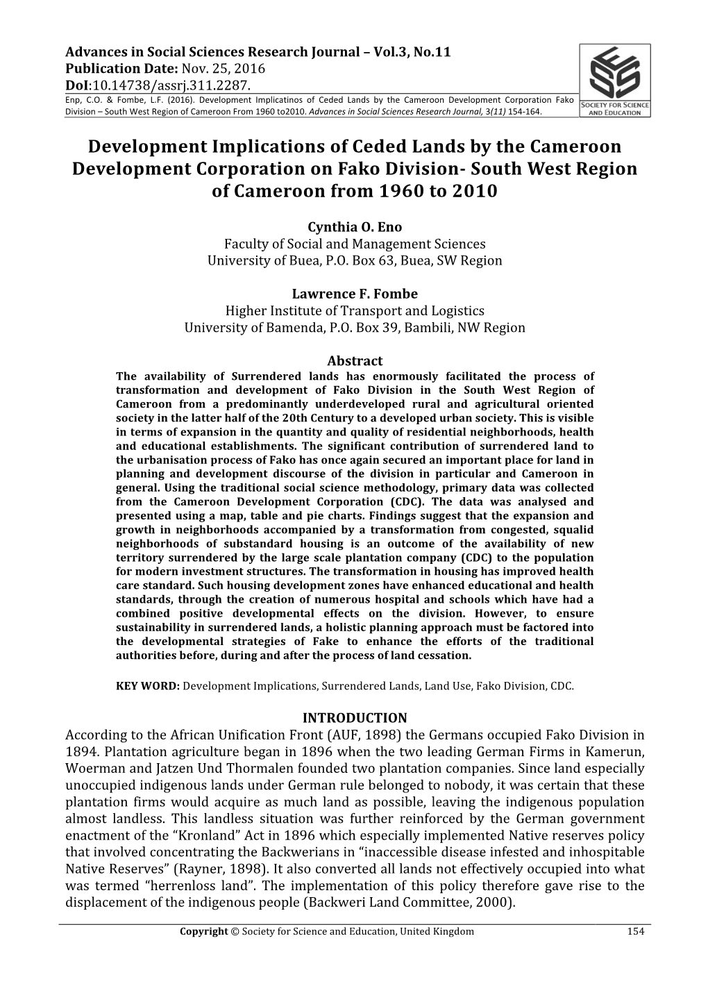 Development Implications of Ceded Lands by the Cameroon Development Corporation on Fako Division- South West Region of Cameroon from 1960 to 2010