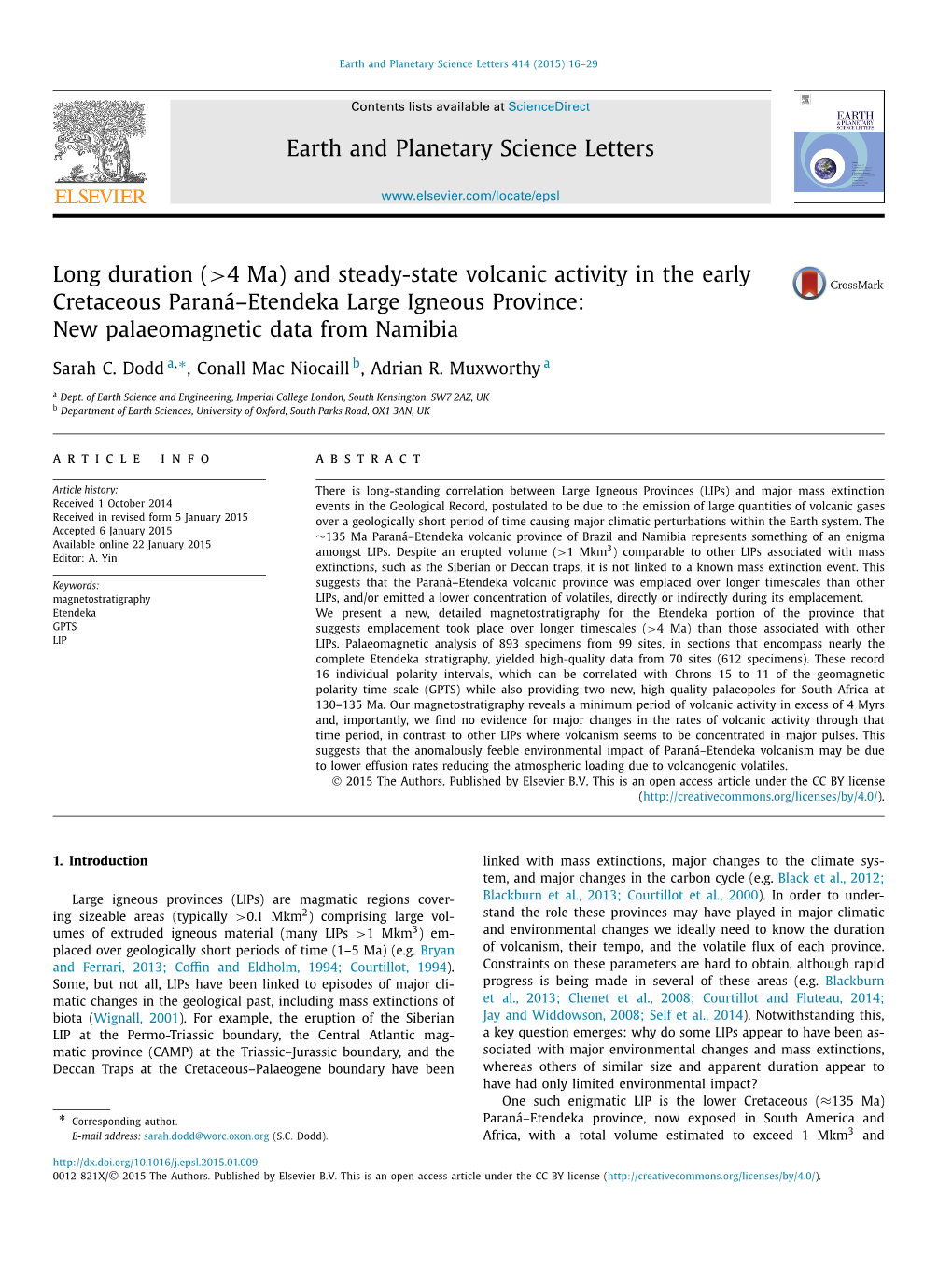 And Steady-State Volcanic Activity in the Early Cretaceous Paraná–Etendeka Large Igneous Province: New Palaeomagnetic Data from Namibia ∗ Sarah C