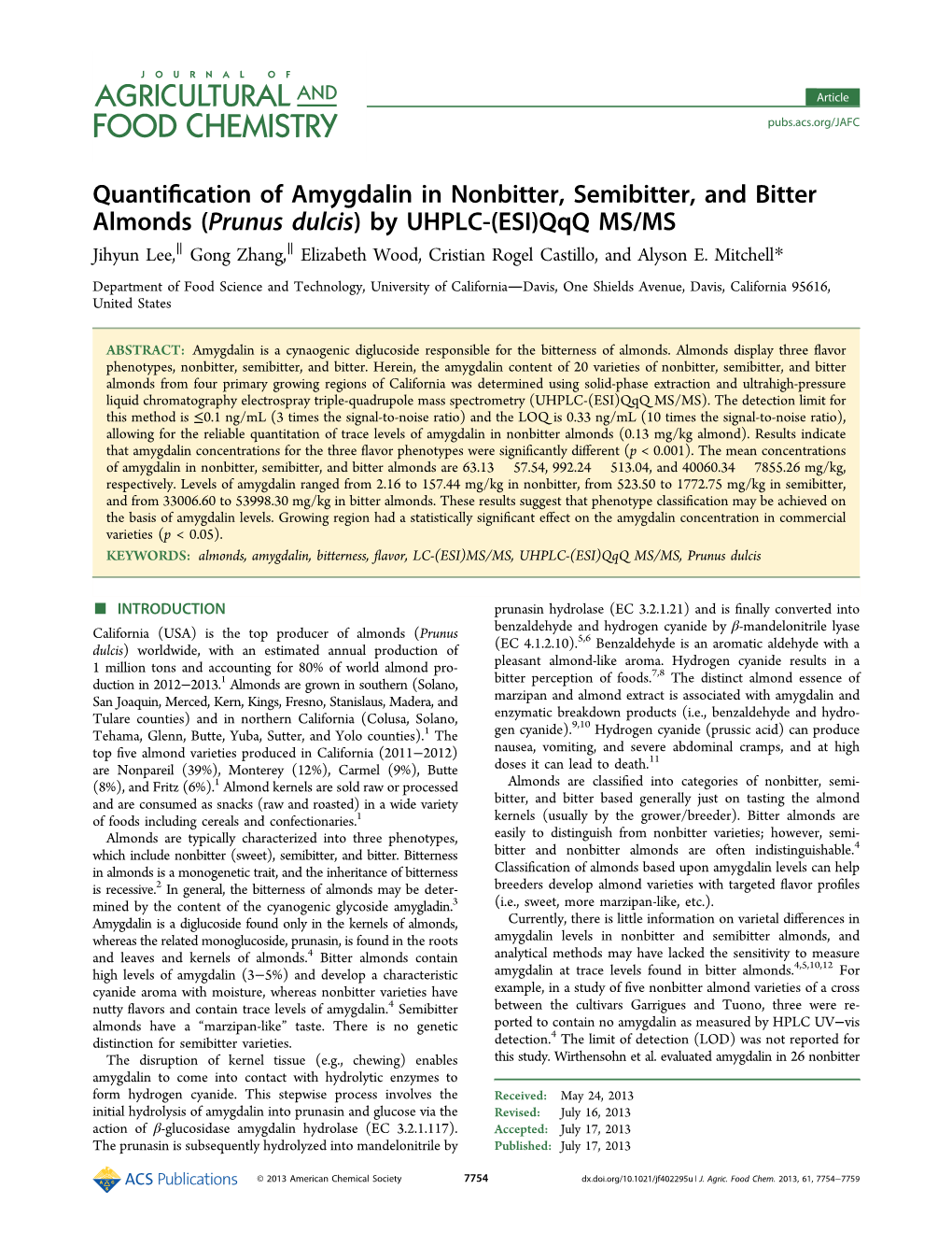 Quantification of Amygdalin in Nonbitter, Semibitter, and Bitter