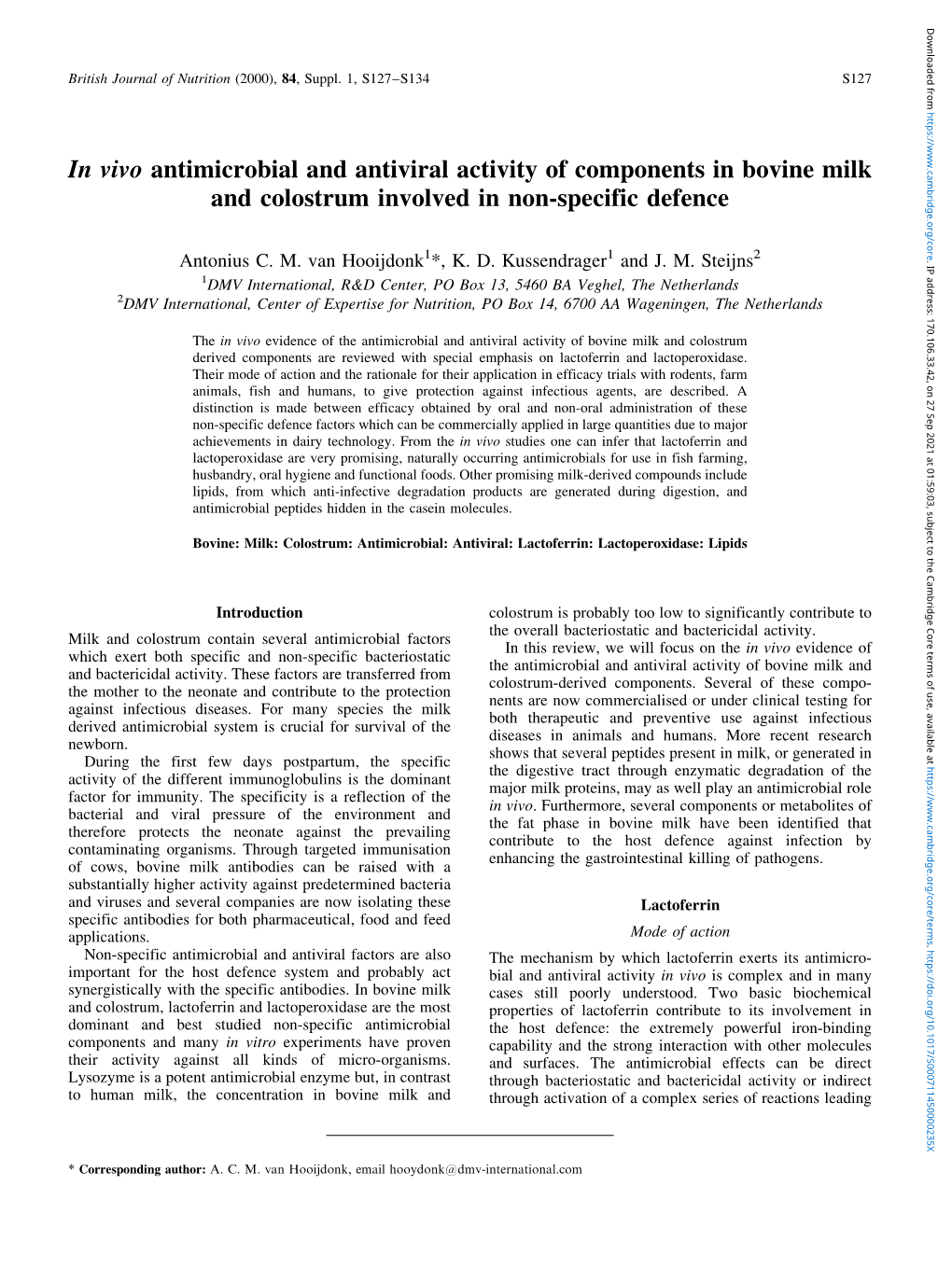 In Vivo Antimicrobial and Antiviral Activity of Components in Bovine Milk and Colostrum Involved in Non-Specific Defence