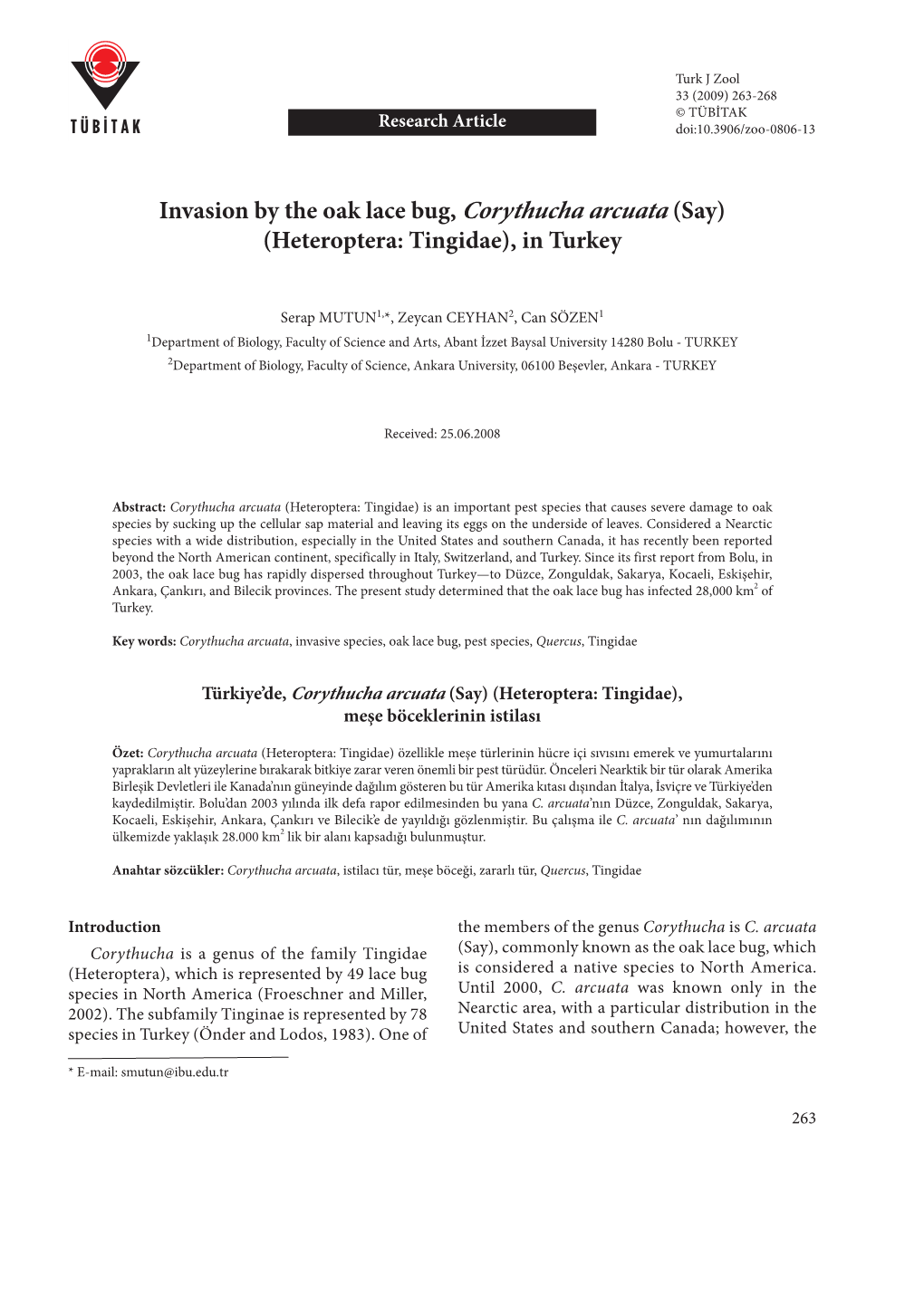 Invasion by the Oak Lace Bug, Corythucha Arcuata (Say) (Heteroptera: Tingidae), in Turkey