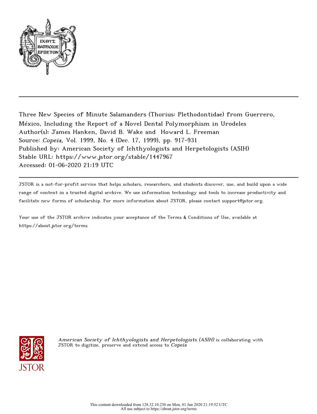 Thorius: Plethodontidae) from Guerrero, México, Including the Report of a Novel Dental Polymorphism in Urodeles Author(S): James Hanken, David B