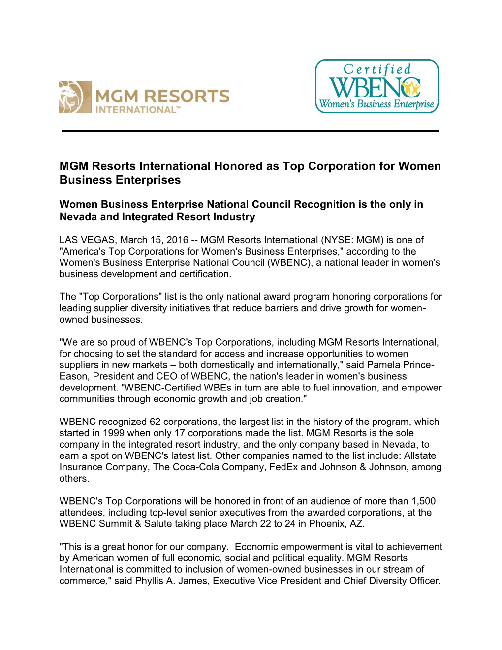 MGM Resorts International Honored As Top Corporation for Women Business Enterprises