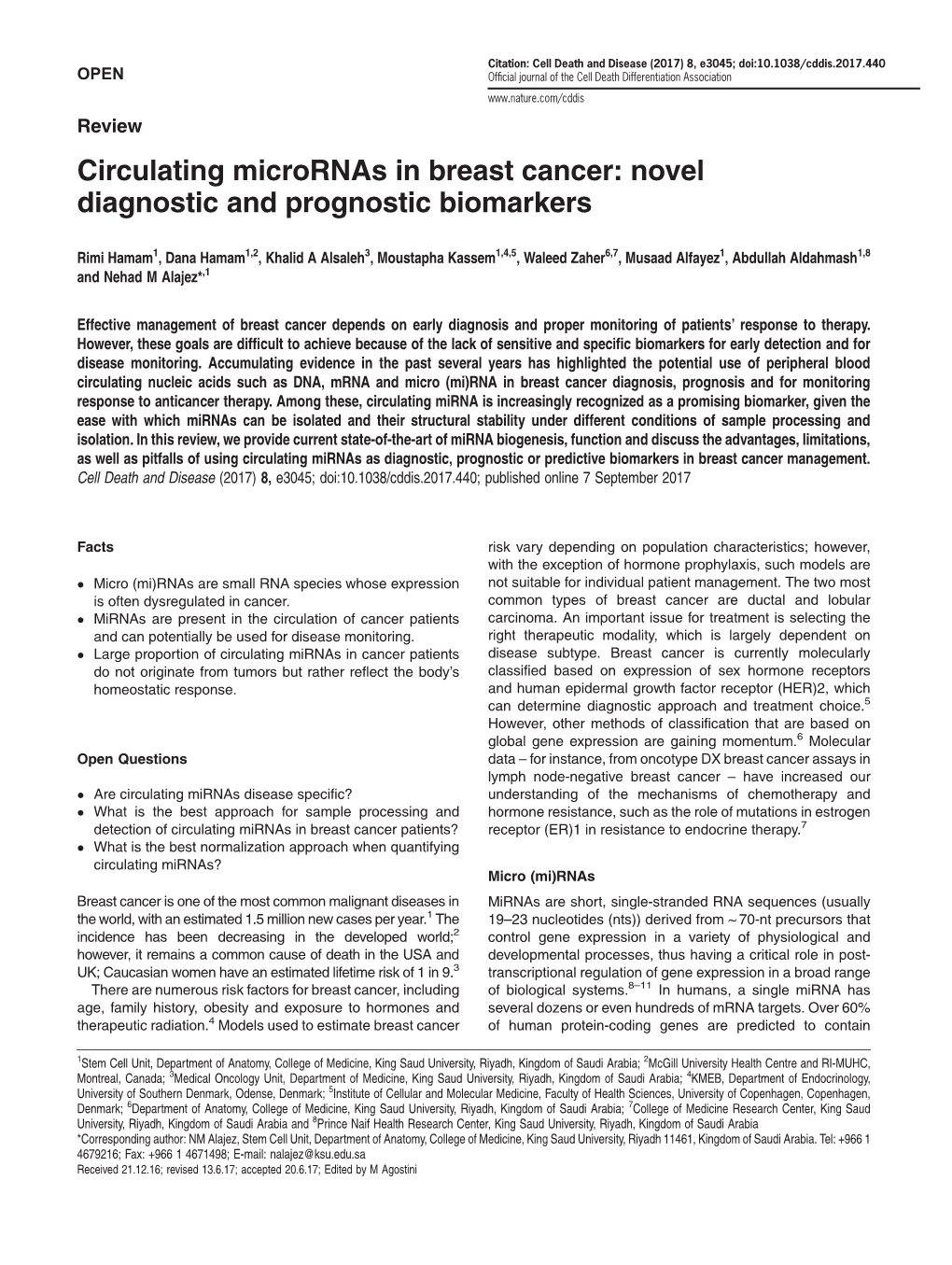 Circulating Micrornas in Breast Cancer: Novel Diagnostic and Prognostic Biomarkers